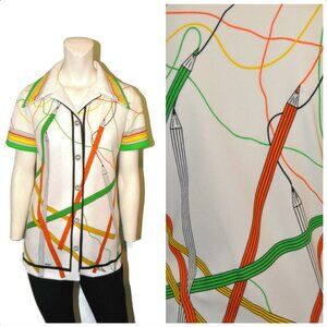 Vintage 1960's Women's Button Short Sleeve Shirt Blouse White Pencil Novelty S